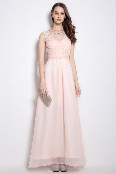 Pink V-neck Chiffon Long Party Dress - $87 #CK619 - SheProm.com