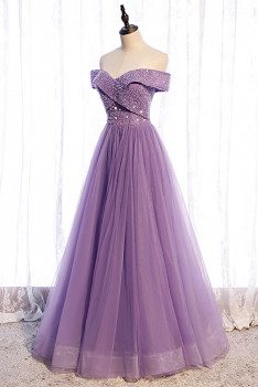 Purple Pleated Off Shoulder Tulle Prom Dress with Sequins - MX16101