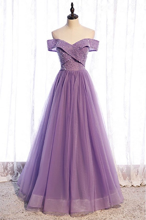 A Line Off the Shoulder 2024 Purple Tulle Prom Dresses Long Evening Go –  MyChicDress