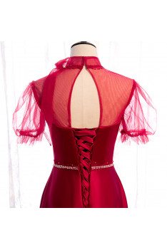 Satin Burgundy Formal Dress Sleek with Bow Knot Sleeves - MX16052