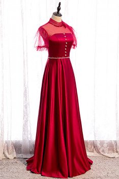 Satin Burgundy Formal Dress Sleek with Bow Knot Sleeves - MX16052