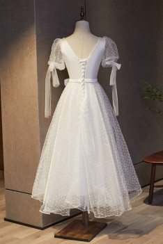 Retro Polka Dot White Tea Length Party Dress with Sash - MX16129