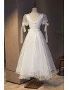 Retro Polka Dot White Tea Length Party Dress with Sash - MX16129