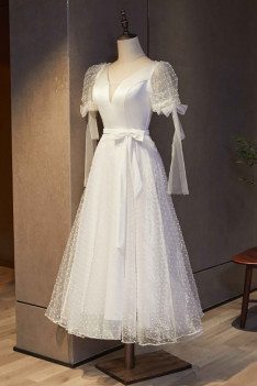 Retro Polka Dot White Tea Length Party Dress with Sash - MX16129