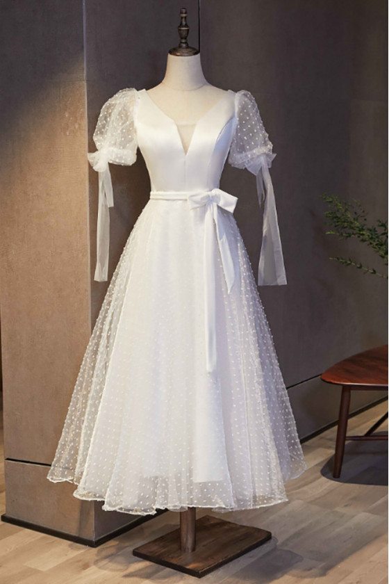 Retro Polka Dot White Tea Length Party Dress with Sash - MX16129