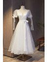 Retro Polka Dot White Tea Length Party Dress with Sash - MX16129
