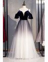 Ombre Navy Blue Aline Tulle Long Prom Dress with Straps - MX16002
