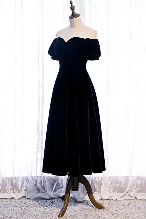 Simple Black Velvet Tea Length Party Dress with Off Shoulder 82.98 
