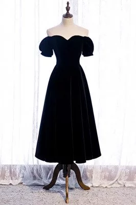 Simple Black Velvet Tea Length Party Dress with Off Shoulder - MX16108