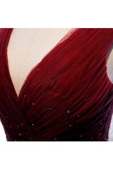 Flowy Burgundy Deep Vneck Formal Dress Tulle with Sequined Waist - MX16015