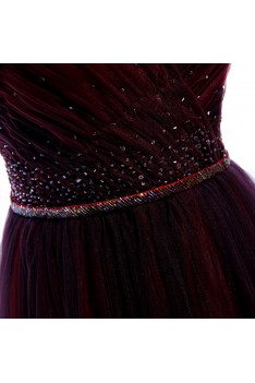 Flowy Burgundy Deep Vneck Formal Dress Tulle with Sequined Waist - MX16015