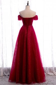 Burgundy Bling Tulle Prom Dress Off Shoulder with Appliques - MX16062