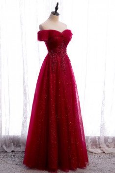 Burgundy Bling Tulle Prom Dress Off Shoulder with Appliques - MX16062