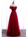 Burgundy Bling Tulle Prom Dress Off Shoulder with Appliques - MX16062