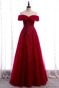 Burgundy Bling Tulle Prom Dress Off Shoulder with Appliques - MX16062