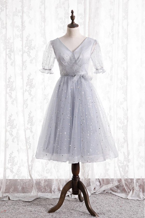 Elegant Grey Bling Tea Length Homecoming Party Dress with Sleeves - MX16131