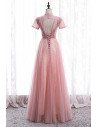 Gorgeous Pink Tulle Prom Dress Short Sleeved with High Neck - MX16074