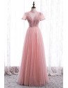 Gorgeous Pink Tulle Prom Dress Short Sleeved with High Neck - MX16074