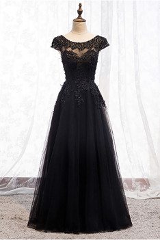 Long Black Prom Dress Round Neck Sequined with Appliques - MX16075