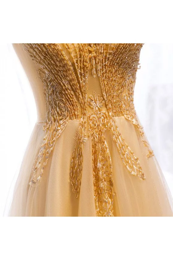 Flowy Sequined Gold Tulle Aline Long Formal Dress with Illusion Neckline  MX16038 