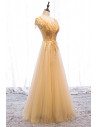 Sequined Gold Flowy Tulle Aline Long Formal Dress with Illusion Neckline - MX16038