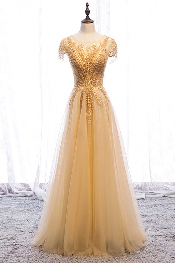 Sequined Gold Flowy Tulle Aline Long Formal Dress with Illusion Neckline - MX16038