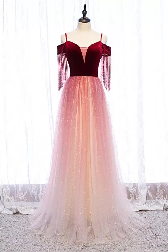 Aline Velvet with Tulle Long Bling Prom Dress with Straps - MX16001