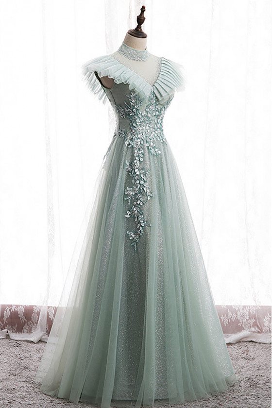 Green Mesh Tulle Long Prom Dress Bling with Beadings High Neck - $145.98  #MX16027 - SheProm.com