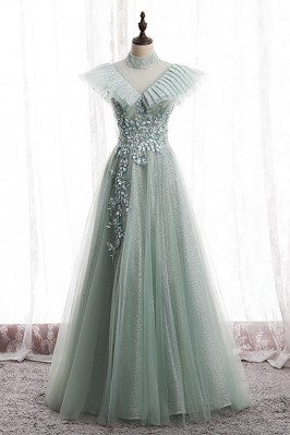 Green Mesh Tulle Long Prom Dress Bling with Beadings High Neck - MX16027