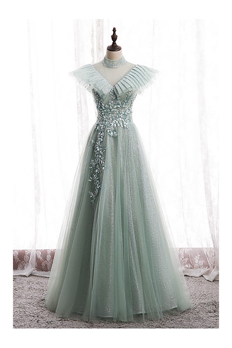Green Mesh Tulle Long Prom Dress Bling with Beadings High Neck - $145. ...