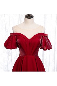 Burgundy Formal Dress Pleated with Illusion Neckline Sleeves - MX16034