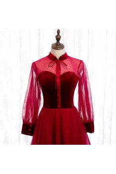 Burgundy Aline Tulle Formal Dress with Collar Sheer Sleeves - MX16059