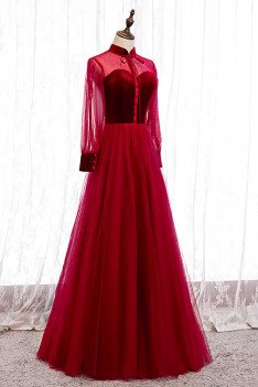 Burgundy Aline Tulle Formal Dress with Collar Sheer Sleeves - MX16059