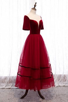Velvet with Tulle Burgundy Party Dress Aline with Sleeves - MX16054