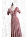 Velvet Vneck Pink Formal Long Dress with Short Sleeves - MX16134