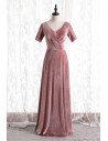 Velvet Vneck Pink Formal Long Dress with Short Sleeves - MX16134