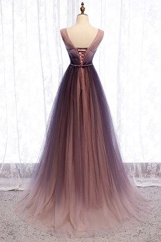 Purple Pleated Tulle Deep Vneck Formal Prom Dress Flowing - MX16007