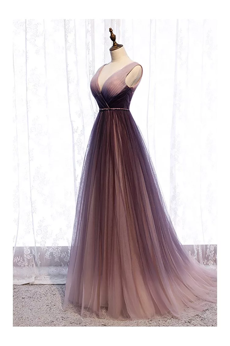 Purple Pleated Tulle Deep Vneck Formal Prom Dress Flowing - $120.9816 # ...