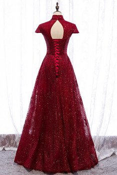 Sparkly Sequined Formal Dress High Neck with Cap Sleeves - MX16050