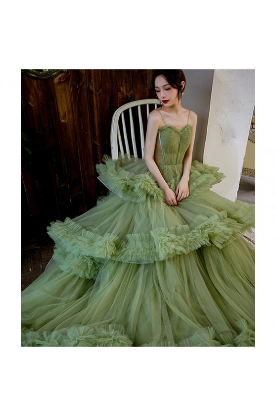 Exaggerated Ruffle Green Ball Gown Formal Dress with Train
