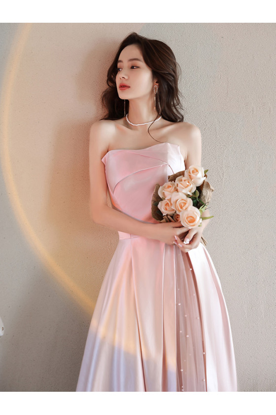 Sweet Pink Strapless Bow-Knot Long Prom Dress,Tulle Satin Evening Dress Y8053