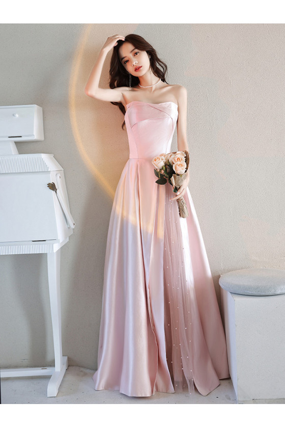 Strapless Long Pink Satin with Tulle Prom Dress with Beading