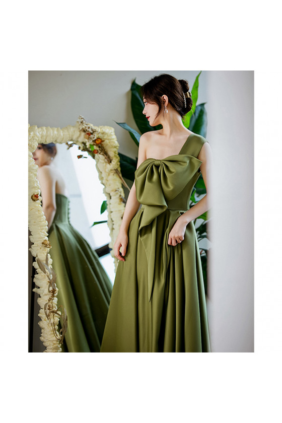 One Shoulder Satin Long Green Formal Dress with Big Bow In
