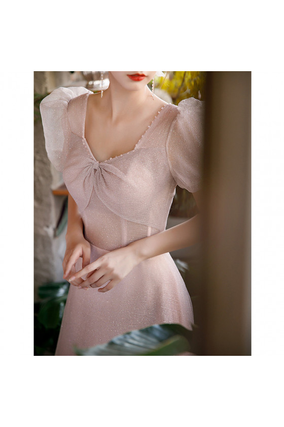 Elegant Pink Sweetheart Short Sleeve Lace Prom Dress with High Side Slit,OLP1809