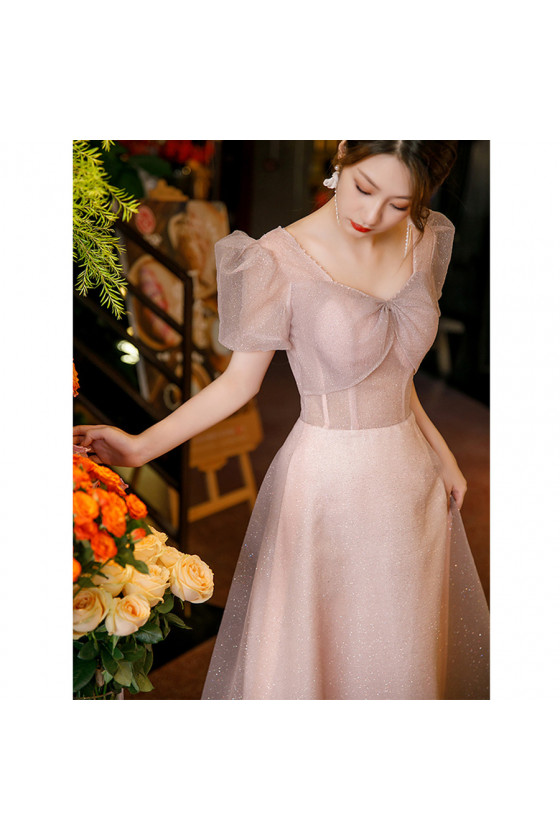 Light Pink Long Sweetheart Short Sleeve Prom Dress with Beading