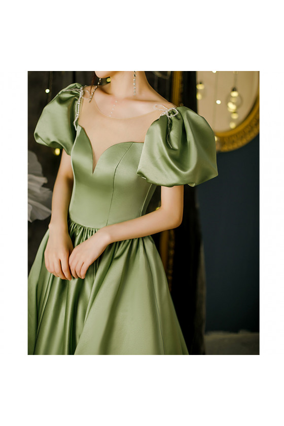 Sheer Neck Long Green Satin Winter Prom Dress with Bubble Sleeves -  $143.9784 #AM6047