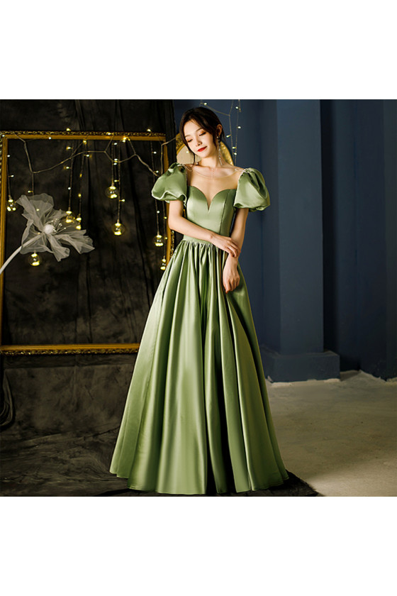 Sheer Neck Long Green Satin Winter Prom Dress with Bubble Sleeves