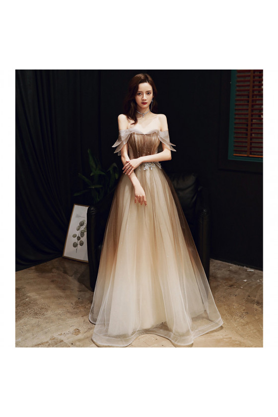 Ombre Brown Long Tulle Lace Beading Prom Dress with Off Shoulder Neck