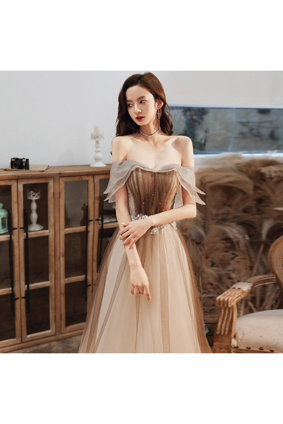 Ombre Brown Long Tulle Lace Beading Prom Dress with Off Ombre Brown Long Tulle Lace Beading Prom Dress with Off