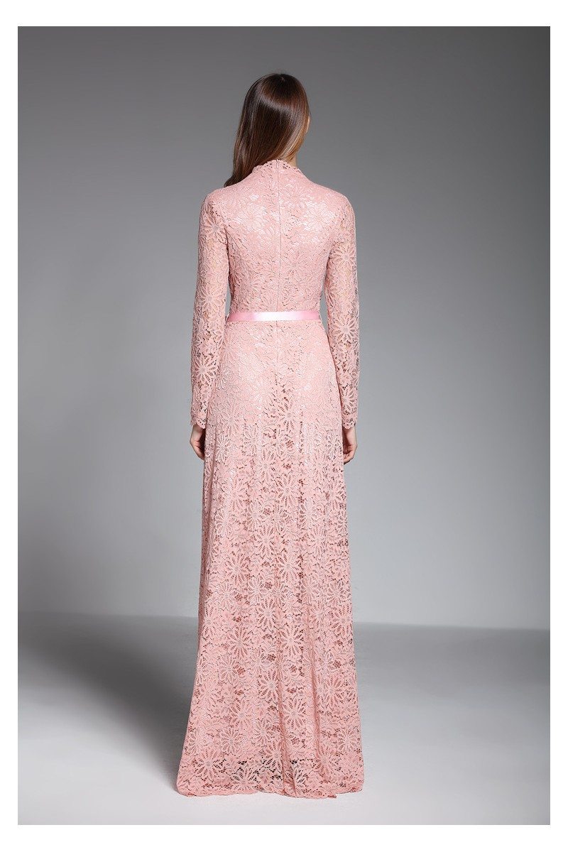 Pink Long Sleeve Lace Formal Evening Dress With Sash Ck